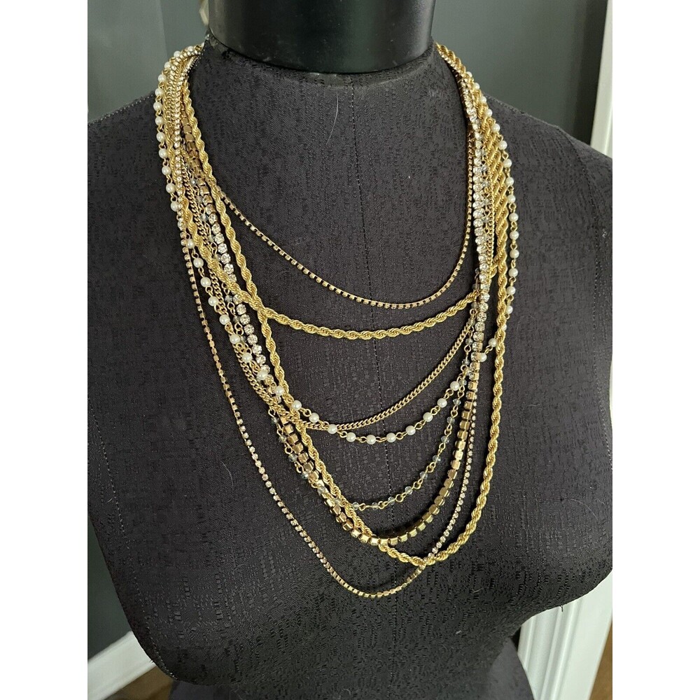 Statement Layered Multi Strand Chain & Rhinestone… - image 1